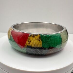 Vintage 80s Snakeskin Inlay Bangle Bracelet Multi Color Boho Chic